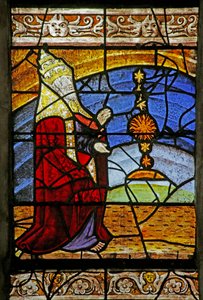 Vindue, der viser skabelsen af solen, månen og stjernerne af French School